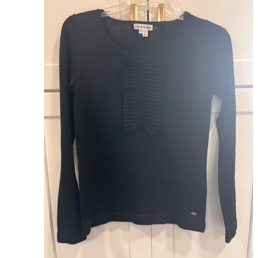 Lacoste Womens Black Wool Blend Long Sleeve Pleated‎ Bib Sweater Size 34